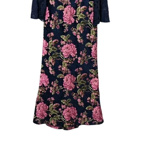 Tadashi Shoji Navy Floral Lace Brocade Illusion Maxi Gown Dress Bell Sleeves 10 - Picture 5 of 8